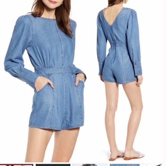 NORDSTROM something navy denim chambray long sleeve romper - Picture 3 of 11